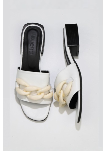 Beyaz Deri Kadın Topuklu Terlik