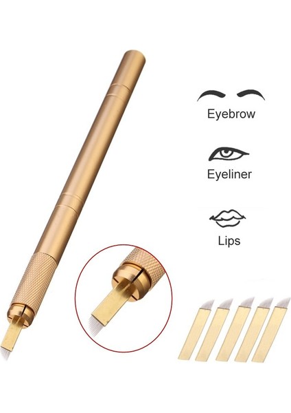 Microblading Kalemi Manuel Kalıcı Kaç Dudak Makyaj Gold Kalemi + 5 Adet 12 Pin Iğne