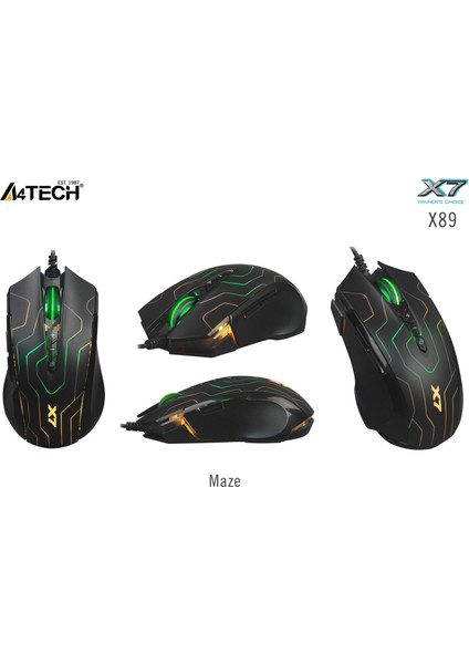 A4 Tech X7 Oscar Neon X89 Maze 2400DPI USB Makrolu Oyuncu Mouse