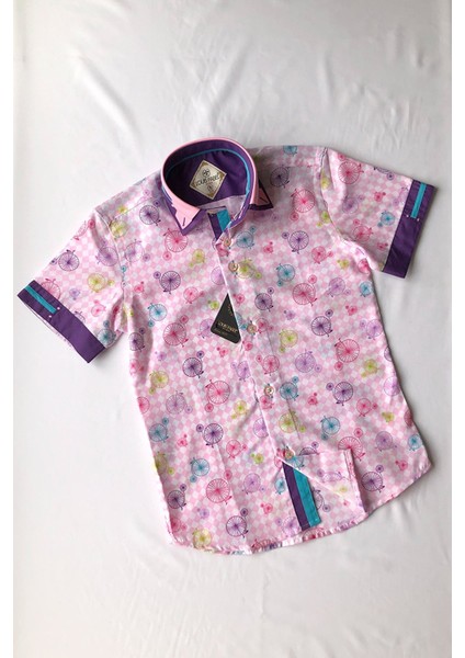 Çift Düğmeli Bisiklet Desenli Kısa Kol Çocuk Gömleği