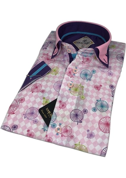 Çift Düğmeli Bisiklet Desenli Kısa Kol Çocuk Gömleği modelleri