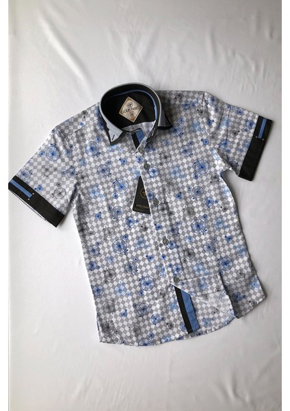 Çift Düğmeli Bisiklet Desenli Kısa Kol Çocuk Gömleği