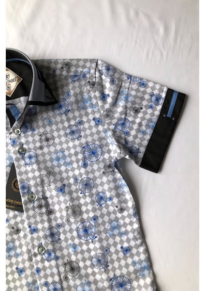 Çift Düğmeli Bisiklet Desenli Kısa Kol Çocuk Gömleği modelleri