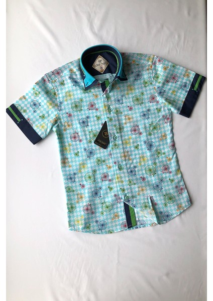 Çift Düğmeli Bisiklet Desenli Kısa Kol Çocuk Gömleği fiyatları