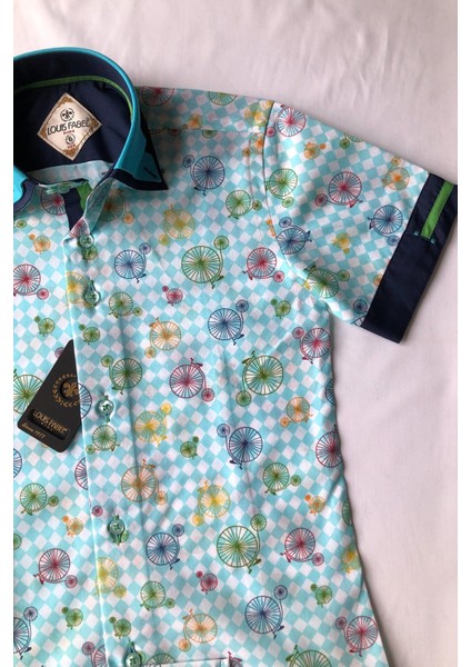 Çift Düğmeli Bisiklet Desenli Kısa Kol Çocuk Gömleği modelleri