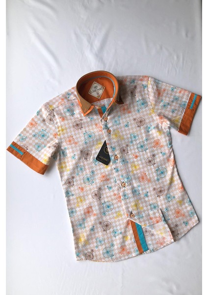 Çift Düğmeli Bisiklet Desenli Kısa Kol Çocuk Gömleği