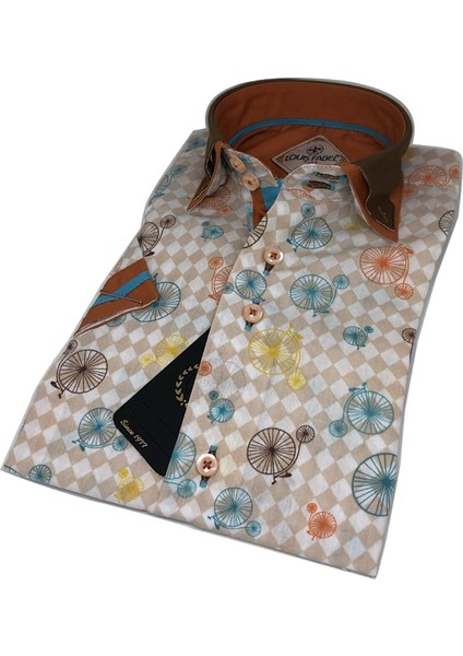 Çift Düğmeli Bisiklet Desenli Kısa Kol Çocuk Gömleği fiyatları