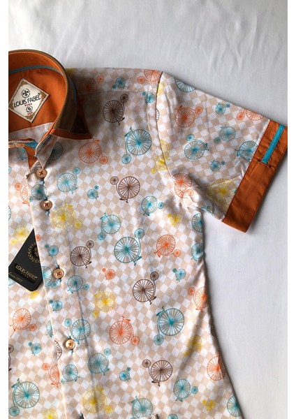 Çift Düğmeli Bisiklet Desenli Kısa Kol Çocuk Gömleği modelleri