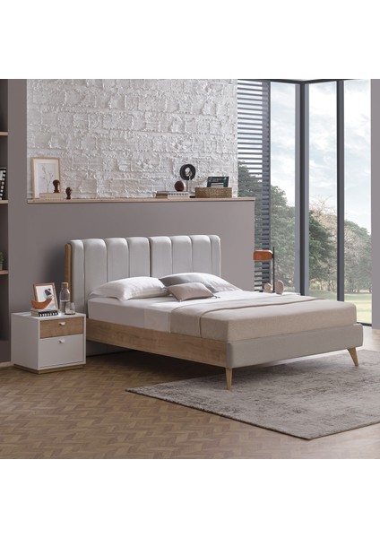 Polka Başlıklı Karyola - Açık Yeşil, Keten Dokulu Kumaş 200X200