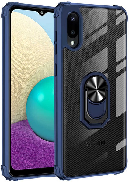 Samsung Galaxy A02 Kılıf Korumalı Yüzüklü Standlı Mola Kapak + Cam Ekran Koruyucu