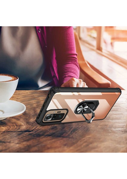 Xiaomi Redmi Note 10 Pro Kılıf Korumalı Yüzüklü Standlı Mola Kapak + Cam Ekran Koruyucu