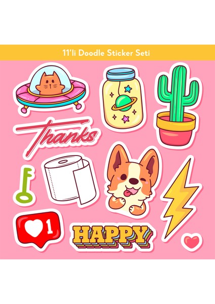 Doodle Sticker Seti Ajanda Defter - Laptop Için 11 Adet Sticker Seti