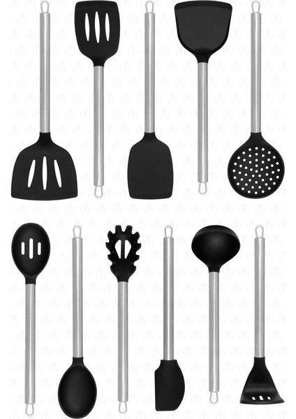 Noda 11 Parça Silikon Uçlu Spatula Mutfak Seti - Siyah