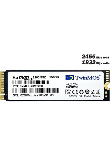 Twınmos 256GB 2455/1832MB/S M2 Pcıe 3d-Nand SSD NVMEEGBM2280