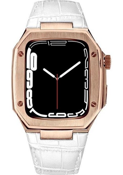 Apple Watch Se 44 mm Uyumlu Modifikasyon Kiti Hublot Tasarım Paslanmaz Çelik Kasa & Deri Kordon