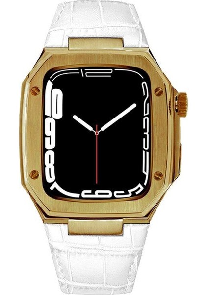 Apple Watch Se 44 mm Uyumlu Modifikasyon Kiti Hublot Tasarım Paslanmaz Çelik Kasa & Deri Kordon