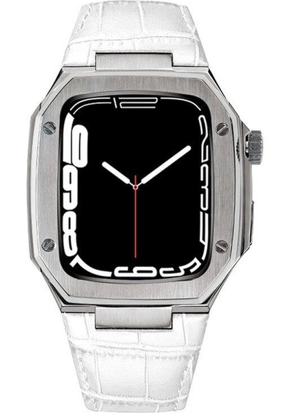 Apple Watch Se 44 mm Uyumlu Modifikasyon Kiti Hublot Tasarım Paslanmaz Çelik Kasa & Deri Kordon