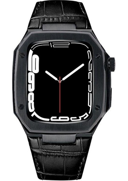 Apple Watch Se 44 mm Uyumlu Modifikasyon Kiti Hublot Tasarım Paslanmaz Çelik Kasa & Deri Kordon