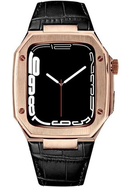 Apple Watch Se 44 mm Uyumlu Modifikasyon Kiti Hublot Tasarım Paslanmaz Çelik Kasa & Deri Kordon