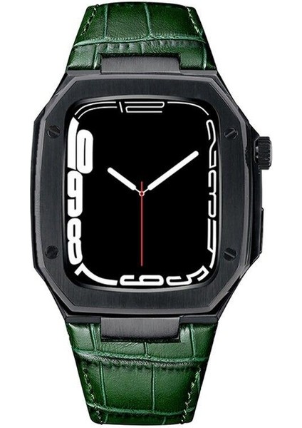 Apple Watch Se 44 mm Uyumlu Modifikasyon Kiti Hublot Tasarım Paslanmaz Çelik Kasa & Deri Kordon