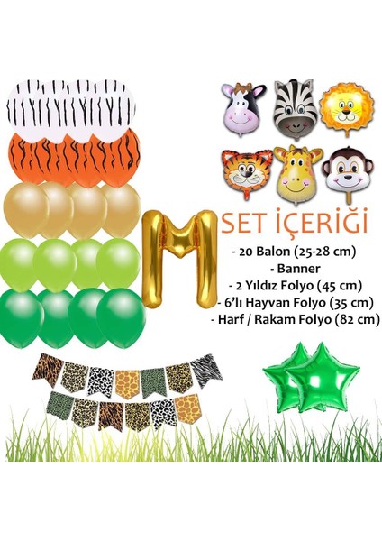 Patladı Gitti Safari Konsepti M Harfli Doğum Günü Parti Kutlama Seti; Harf ve Yıldız Folyo, Banner ve Balon Zinciri