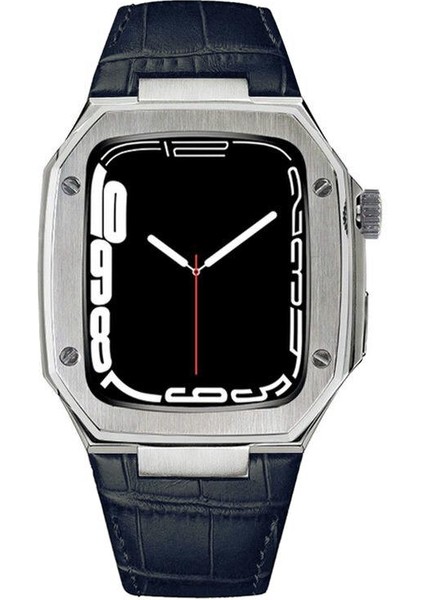 Apple Watch Se 44 mm Uyumlu Modifikasyon Kiti Hublot Tasarım Paslanmaz Çelik Kasa & Deri Kordon