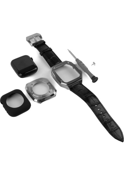 Apple Watch 4 44 mm Uyumlu Modifikasyon Kiti Hublot Tasarım Paslanmaz Çelik Kasa & Deri Kordon fırsatları