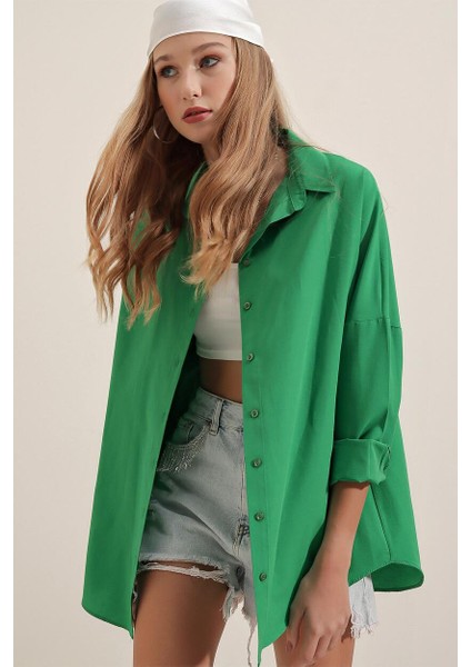 Giyim Dünyası Kadın Oversize Gömlek Yeşil