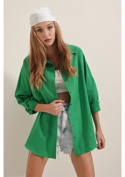 Giyim Dünyası Kadın Oversize Gömlek Yeşil modelleri