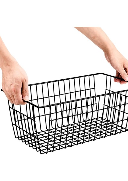 Paket Tel Saklama Sepetleri, Çiftlik Evi Metal Tel Sepet Dondurucu Depolama Organizatör Kovaları Kulplu (Siyah)
