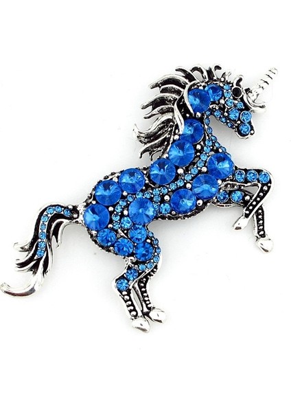 Renkli Mavi Taşlı Büyük Unicorn Tek Boynuzlu At Rozet Broş RZ067