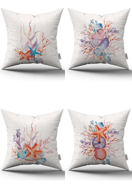 Mavi Turuncu Marin Desenli 4lü Dijital Baskılı Kırlent Kılıfı Seti - 4KMBS287