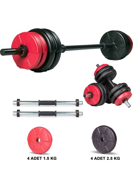 18 kg Kırmızı Siyah Halter Seti ve Dambıl Seti