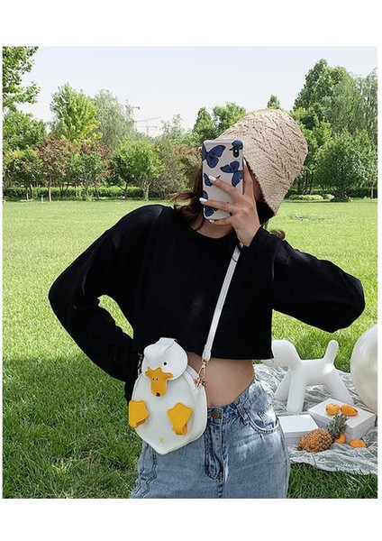 Sevimli Karikatür Ördek Rahat Pu Bayanlar Omuz Çantası Tote Crossbody Mini Messenger Çanta Flap Çanta Çanta (Beyaz) modelleri