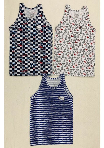 3'lü Paket Elastan Emprime Desenli Erkek Çocuk Atlet