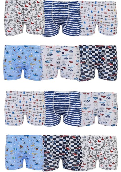 12'li Ekonomik Paket Tutku Elastan Desenli Emprime Erkek Çocuk Boxer