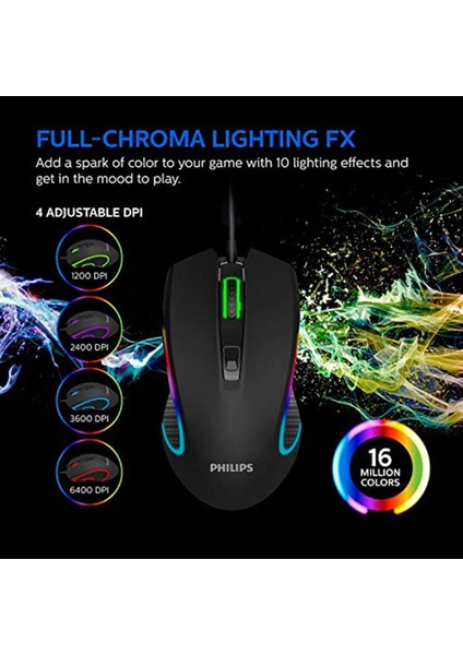 Philips SPK9413 USB Siyah 1200 2400 3200 6400DPI Gaming 7 Farklı LED Aydınlatma Mouse