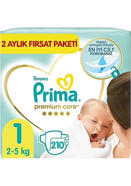 Prima Bebek Bezi Premium Care 1 Beden Yenidoğan, 2 Aylık Fırsat Paketi, 210 Adet