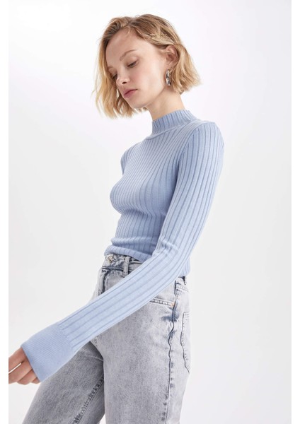 Slim Fit Yarım Balıkçı Yaka Basic Fitilli Triko Kazak L8848AZ22AU