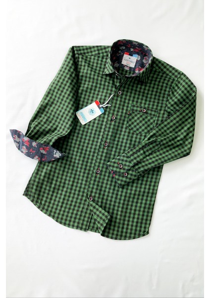 Yeşil Siyah Kareli Uzun Kollu Çocuk Gömleği