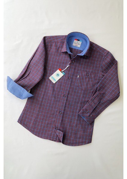 Bordo Lacivert Uzun Kol Oduncu Çocuk Gömleği