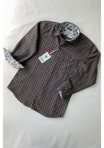 Kahverengi Lacivert Uzun Kol Oduncu Çocuk Gömleği