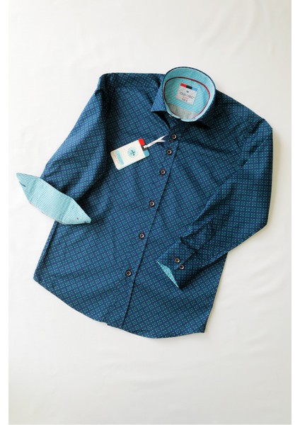 Lacivert Turkuaz Desenli Uzun Kol Çocuk Gömleği