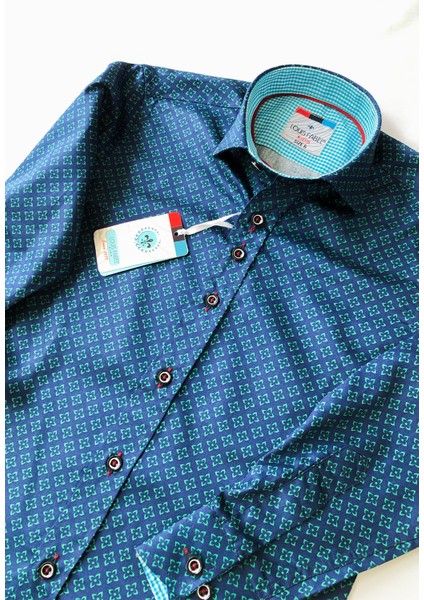 Lacivert Turkuaz Desenli Uzun Kol Çocuk Gömleği fiyatları