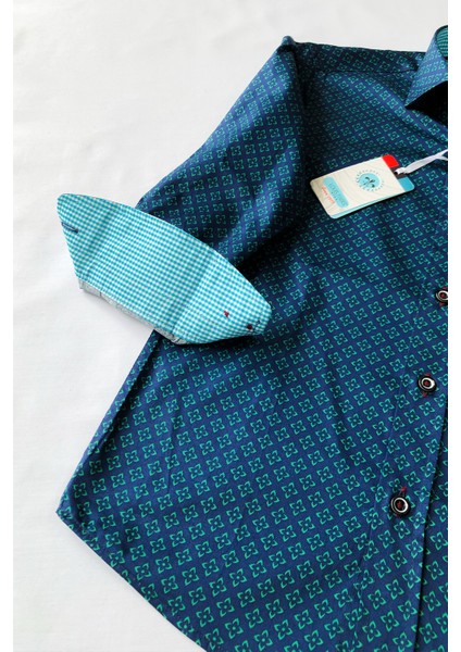 Lacivert Turkuaz Desenli Uzun Kol Çocuk Gömleği modelleri