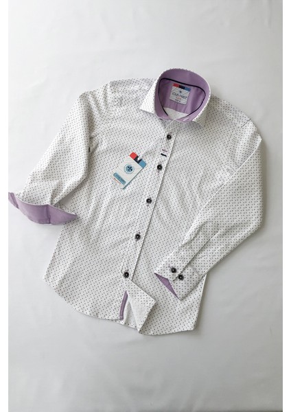 Lila Desenli Beyaz Uzun Kol Çocuk Gömleği