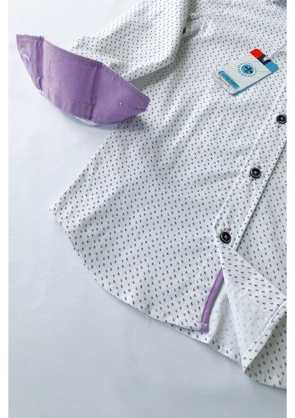 Lila Desenli Beyaz Uzun Kol Çocuk Gömleği modelleri