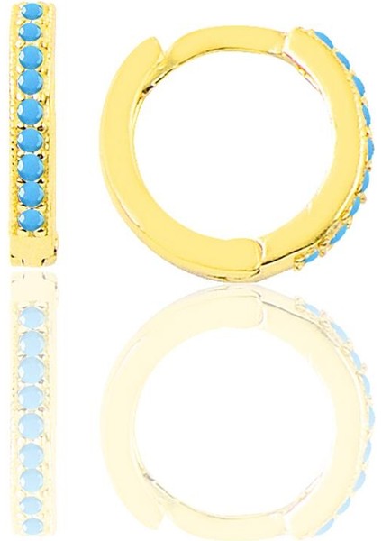 Gümüş Altın Yaldızlı Turkuaz Taşlı 11 mm Halka Küpe Tragus Piercing Helix Kıkırdak Küpesi