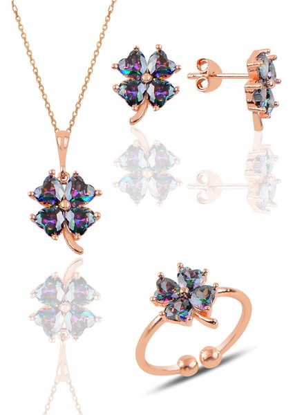 Gümüş Rose Mistik Taşlı Yonca Kolye Küpe ve Yüzük Üçlü Set
