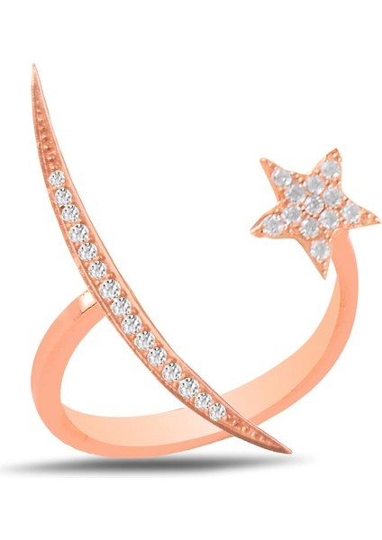 Gümüş Rose Zirkon Taşlı Üstten Ayarlamalı Ay Yıldız Yüzük